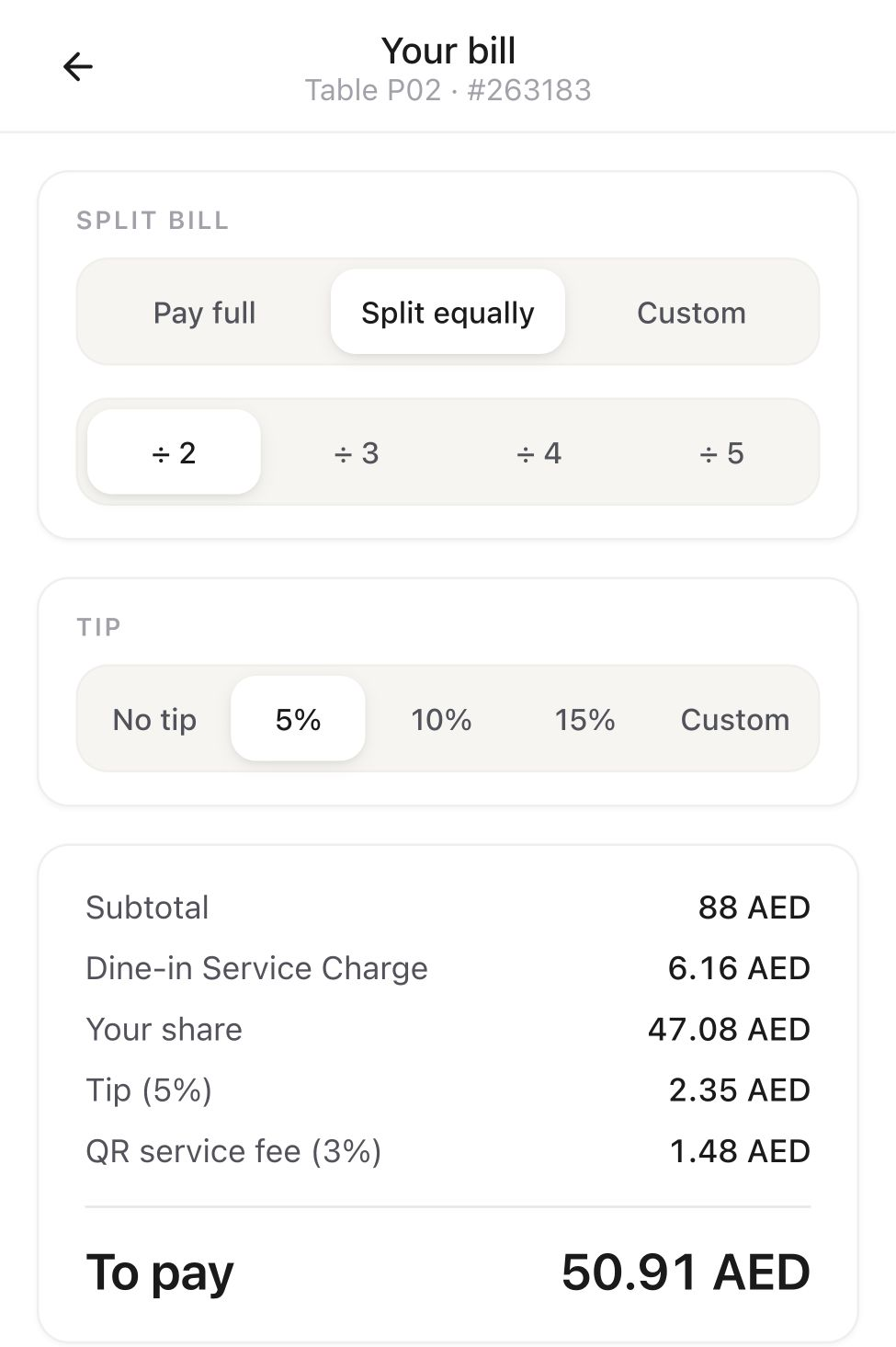 Native equal split: half the AED 94.16 bill, a 5 percent tip and a final amount of AED 50.91