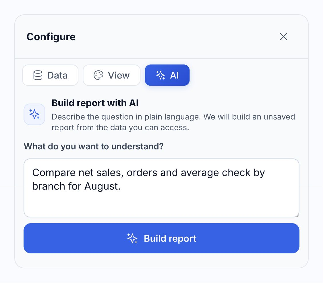 Actual HoreX report AI composer with a branch comparison question entered, before generating a draft
