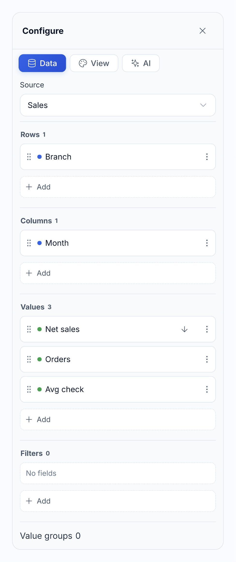 Native HoreX Analytics Builder with branch and month grouping, three measures and the resulting August sales report