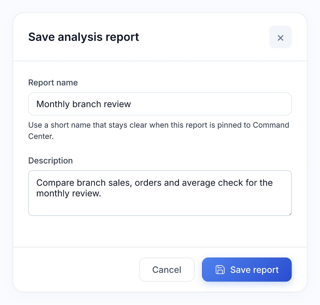 Native Save analysis report dialog with Monthly branch review entered as an unsaved report name