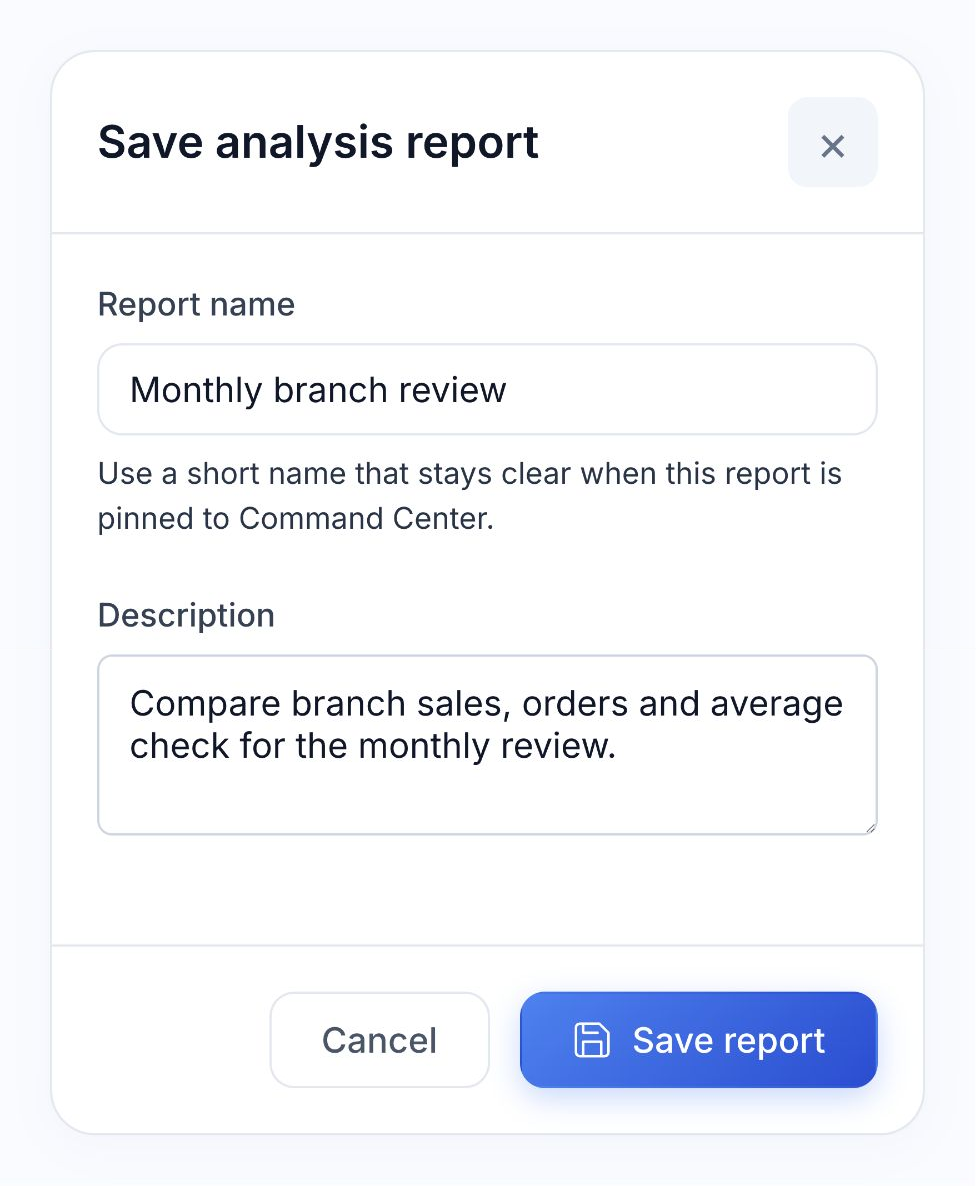 Native Save analysis report dialog with Monthly branch review entered as an unsaved report name