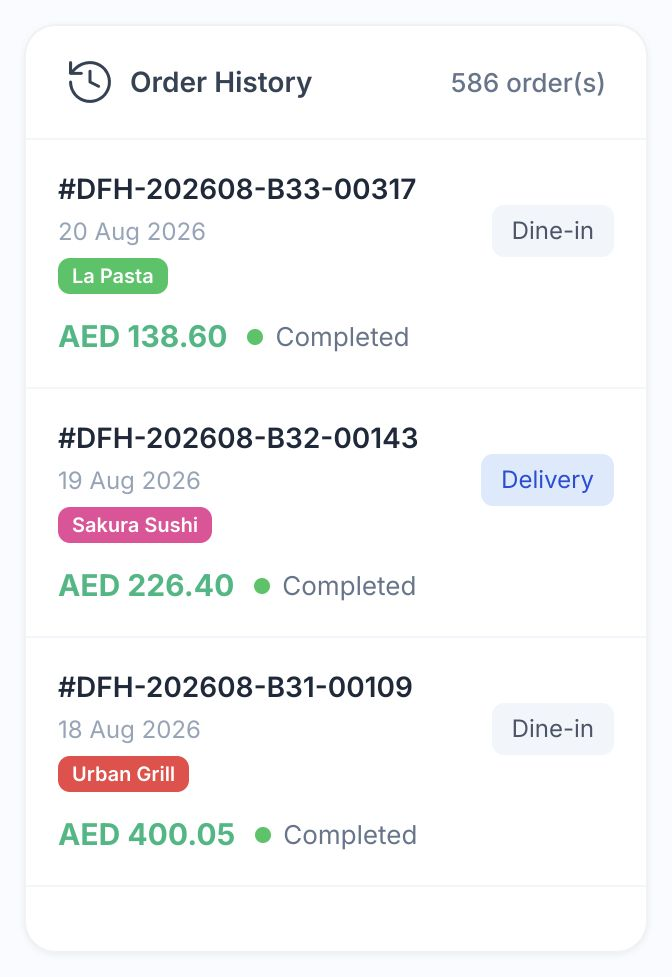 Native guest order history with dine-in and delivery orders across restaurant brands