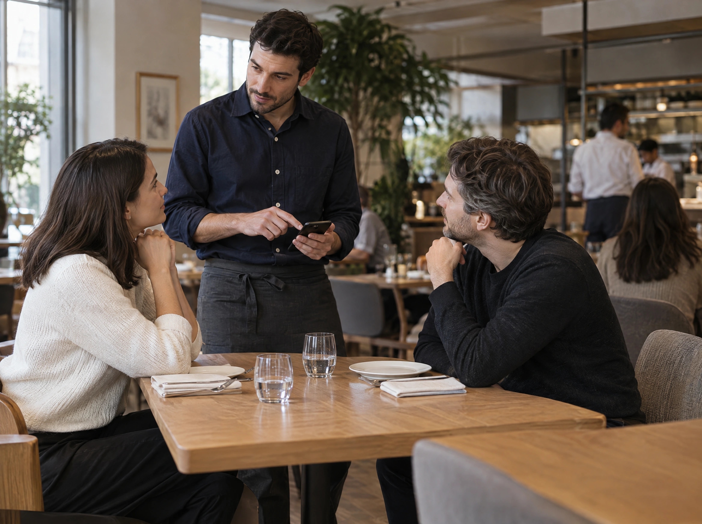 A waiter confirms the dishes with two restaurant guests