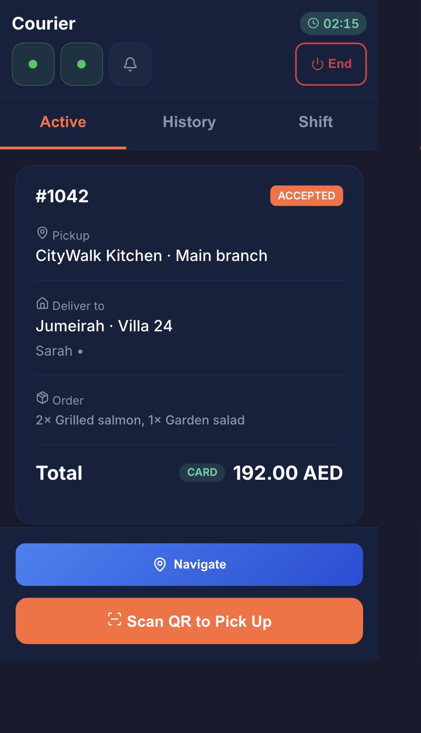 HoreX Courier showing an accepted order, pickup and destination details, payment method and Scan QR to Pick Up