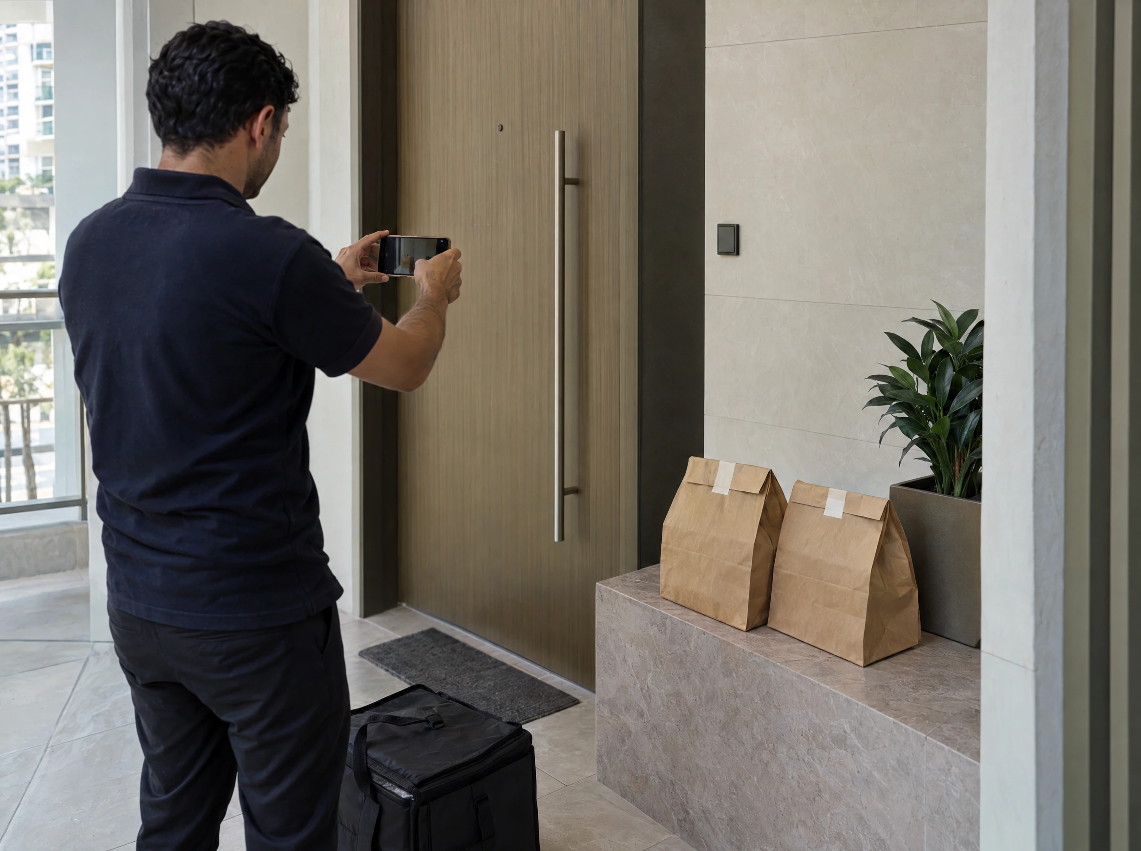 A courier photographs sealed takeaway bags left at the customer’s door
