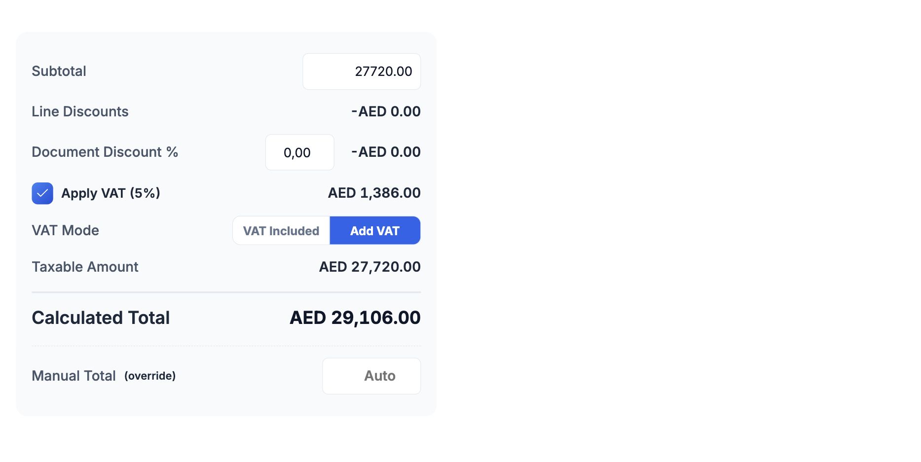 HoreX quotation subtotal, VAT mode and calculated total