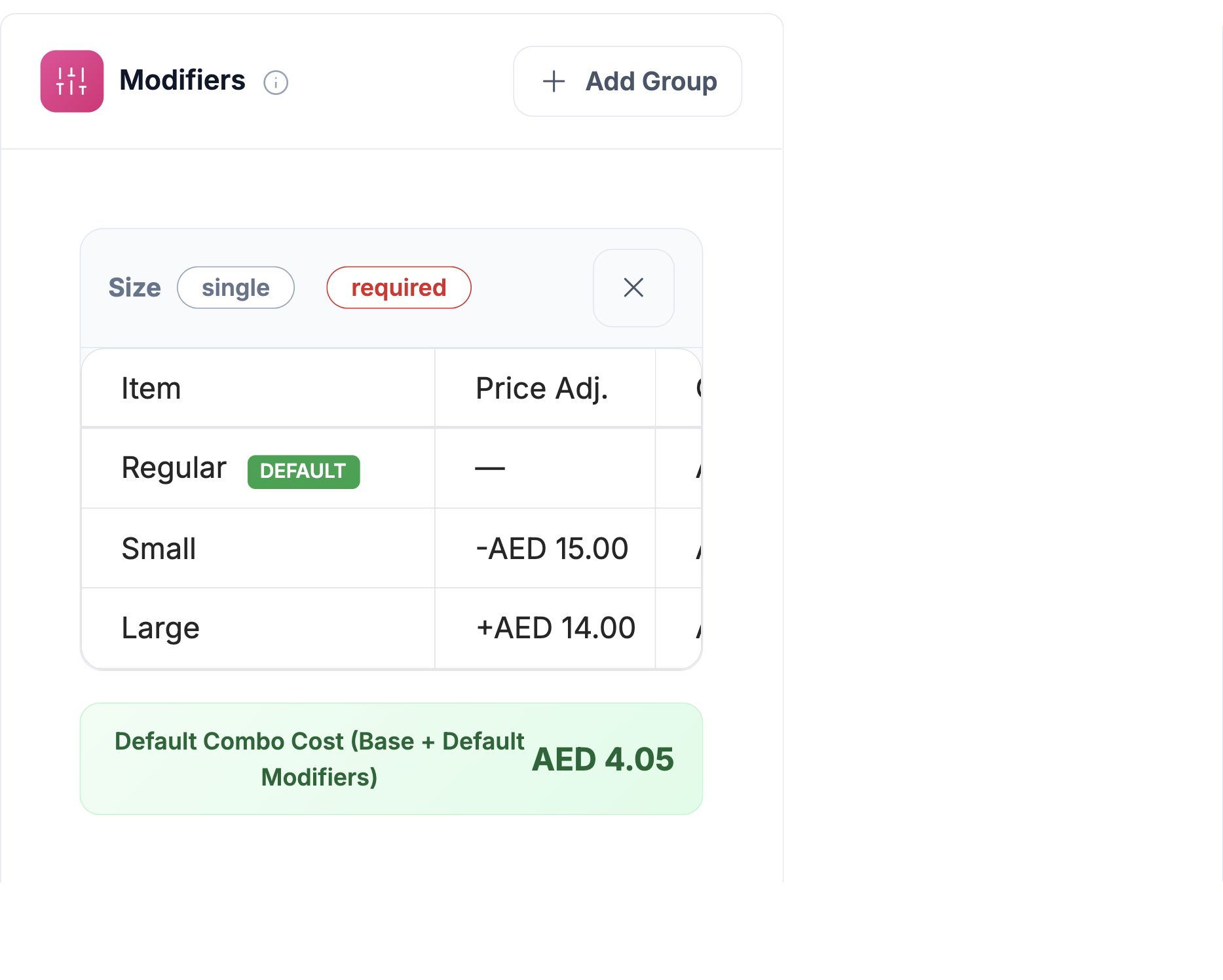 Drink-size options and price adjustments in the mobile HoreX recipe view
