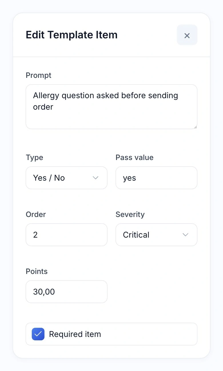 Actual HoreX allergy question settings: Yes / No, passing answer yes, critical severity, 30 points and required item