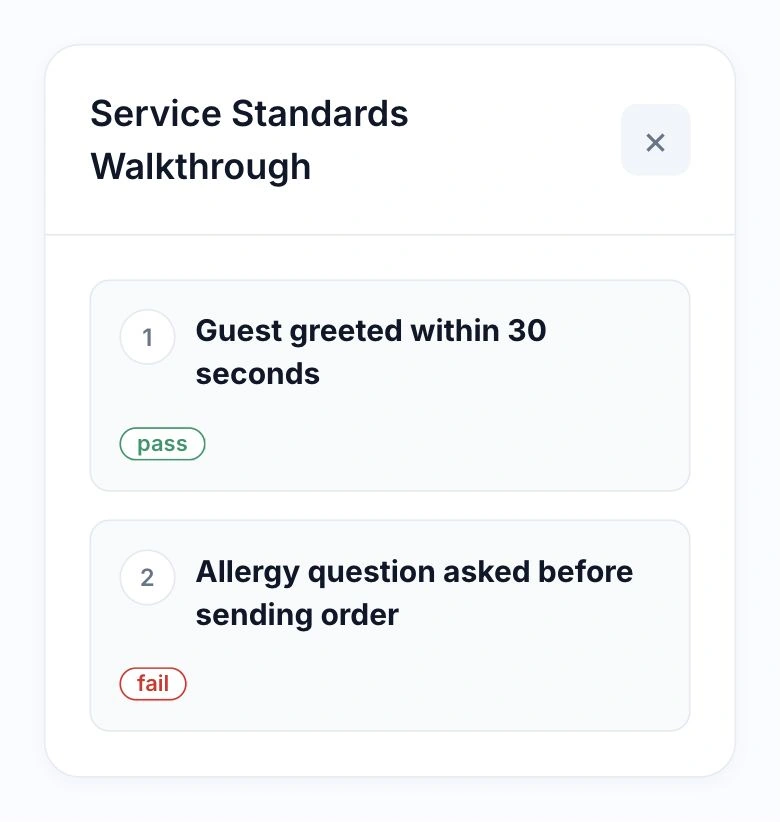 Illustrative native HoreX question-level review: greeting pass, allergy question fail; no employee result or score