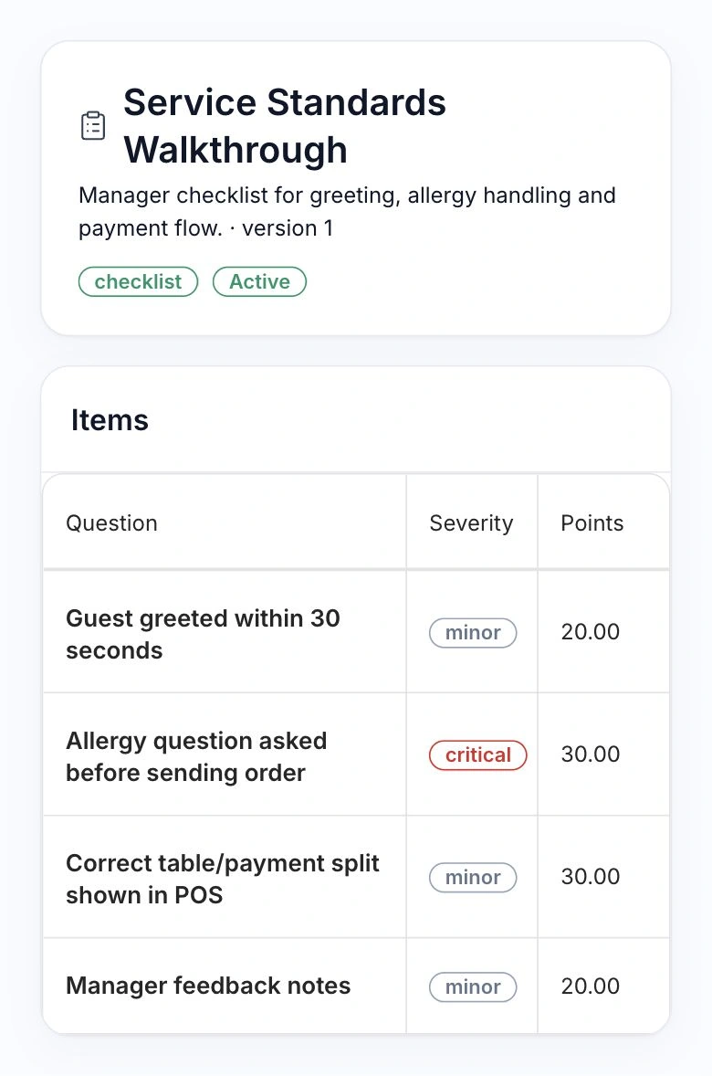 HoreX Service Standards Walkthrough with greeting, allergy and POS payment checks, severity and points