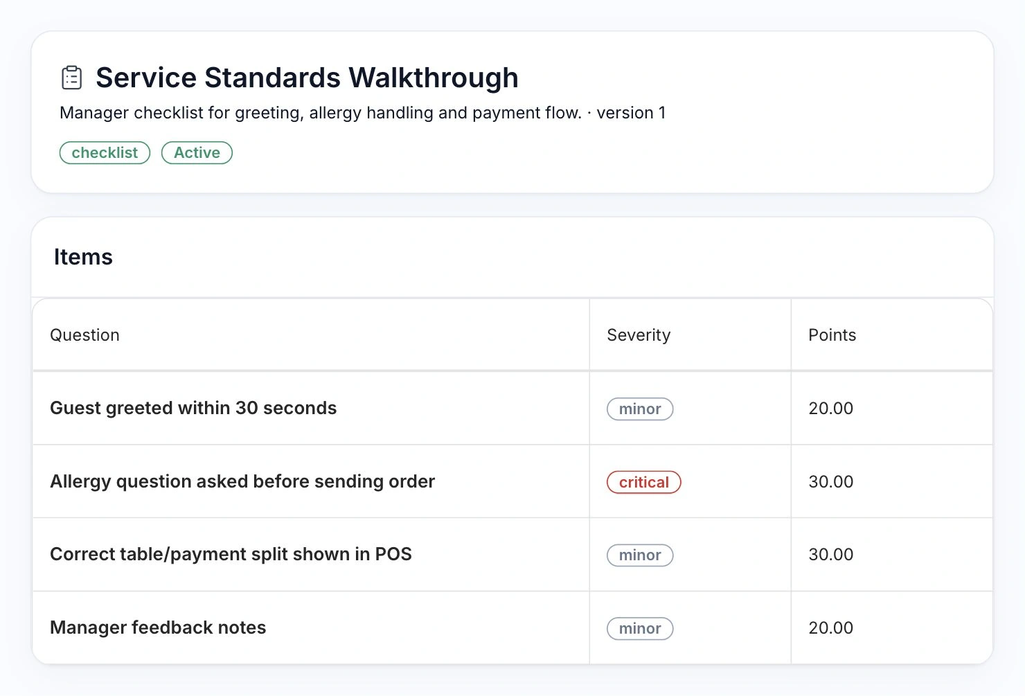 HoreX Service Standards Walkthrough with greeting, allergy and POS payment checks, severity and points