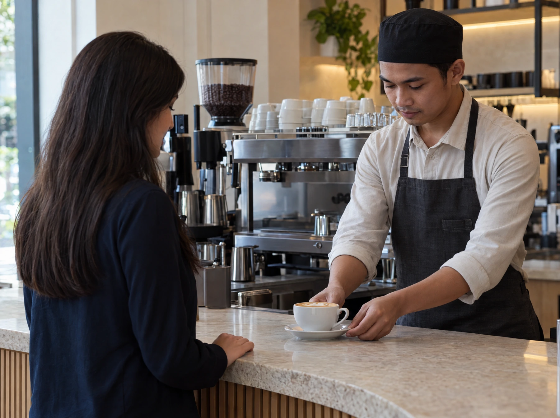 A barista places a finished coffee on the pickup counter for a waiting guest