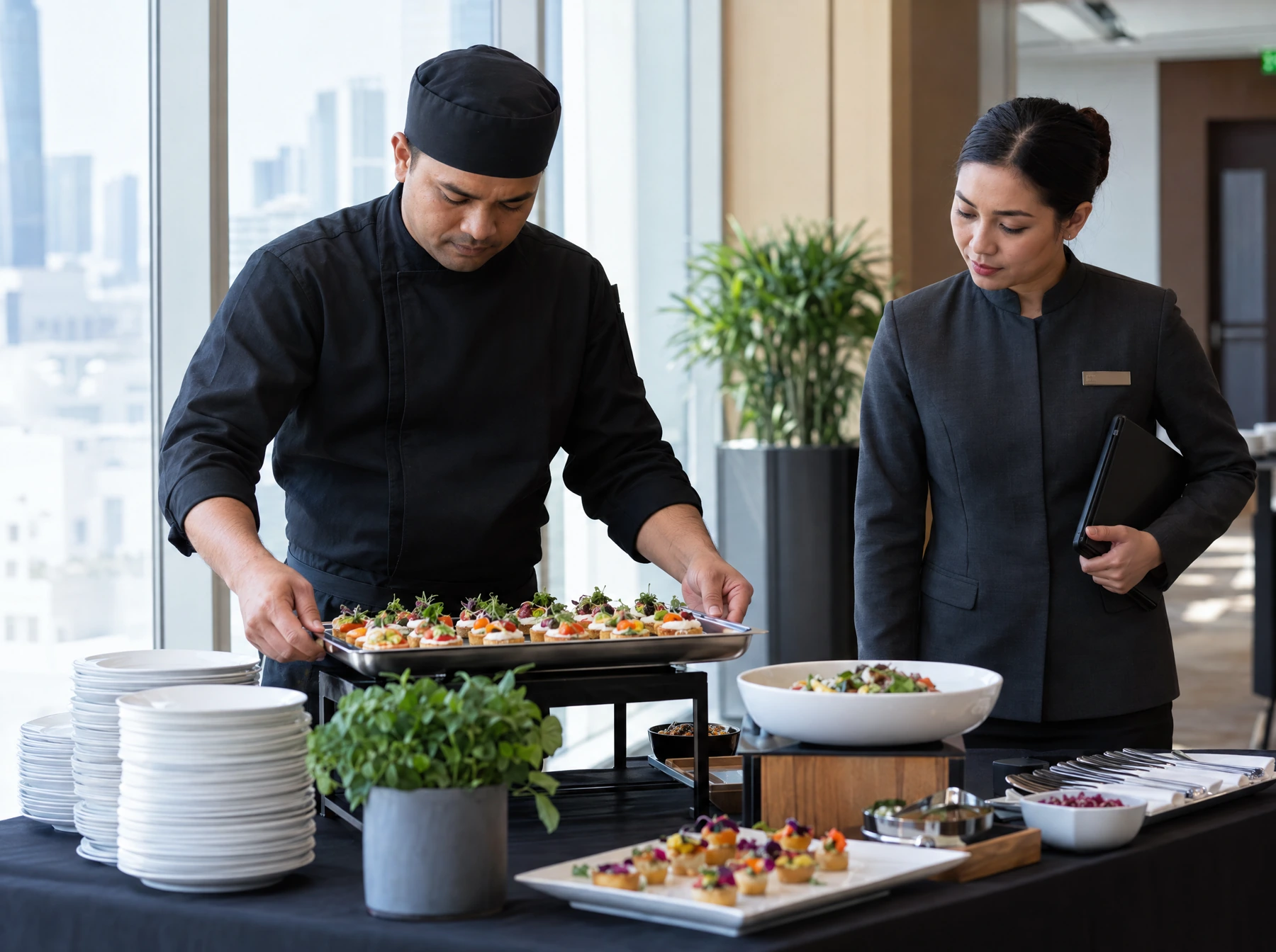 A catering chef and event supervisor check freshly prepared canapé trays before service