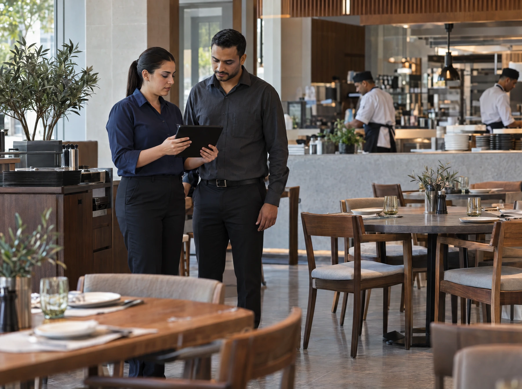 An area manager and restaurant manager review a tablet during a branch visit