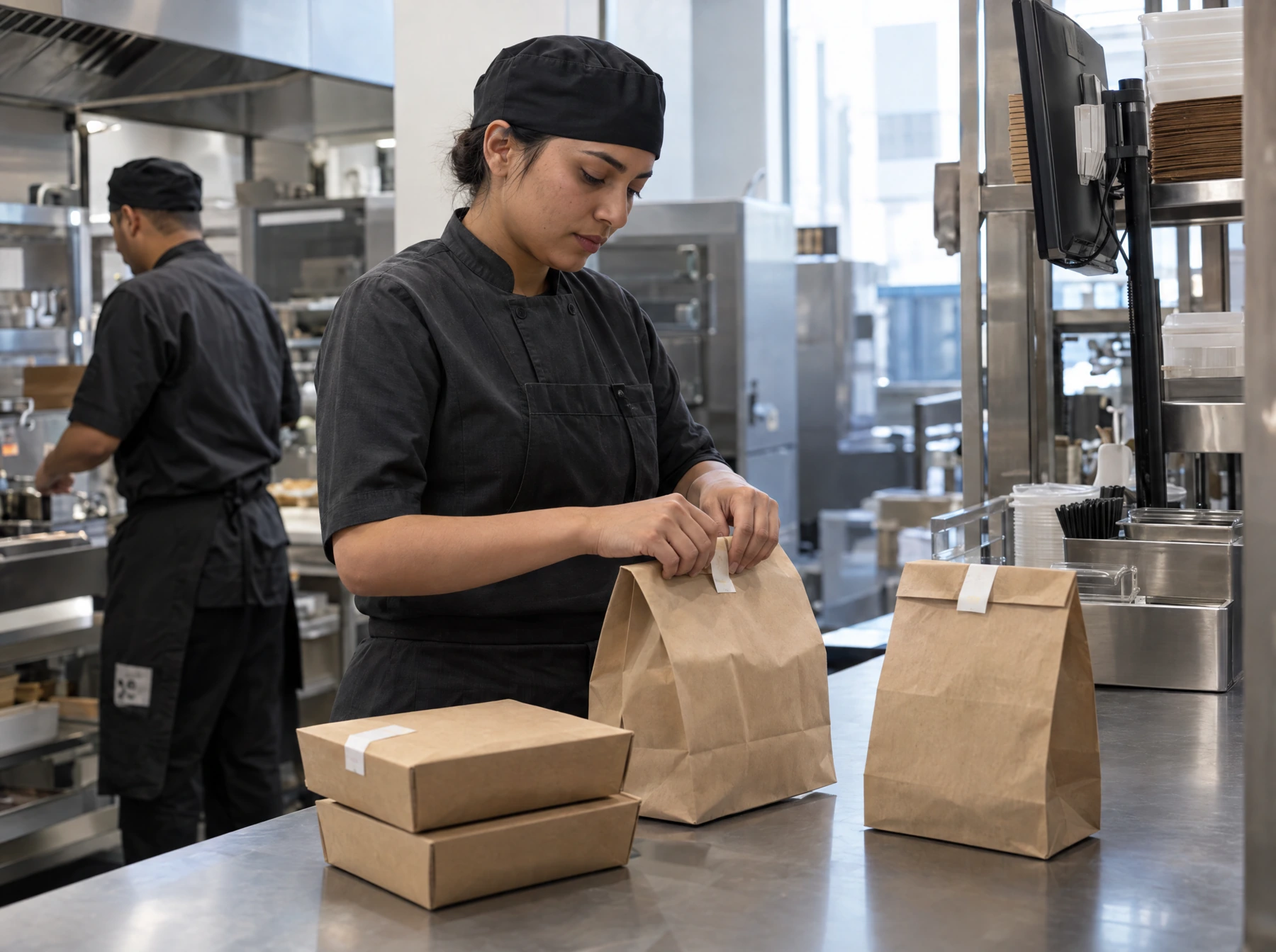A kitchen expediter checks and seals delivery bags at a clean packing station