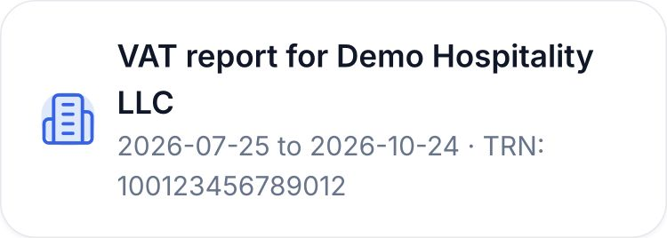 HoreX report header identifying Demo Hospitality LLC, its TRN and the selected tax period
