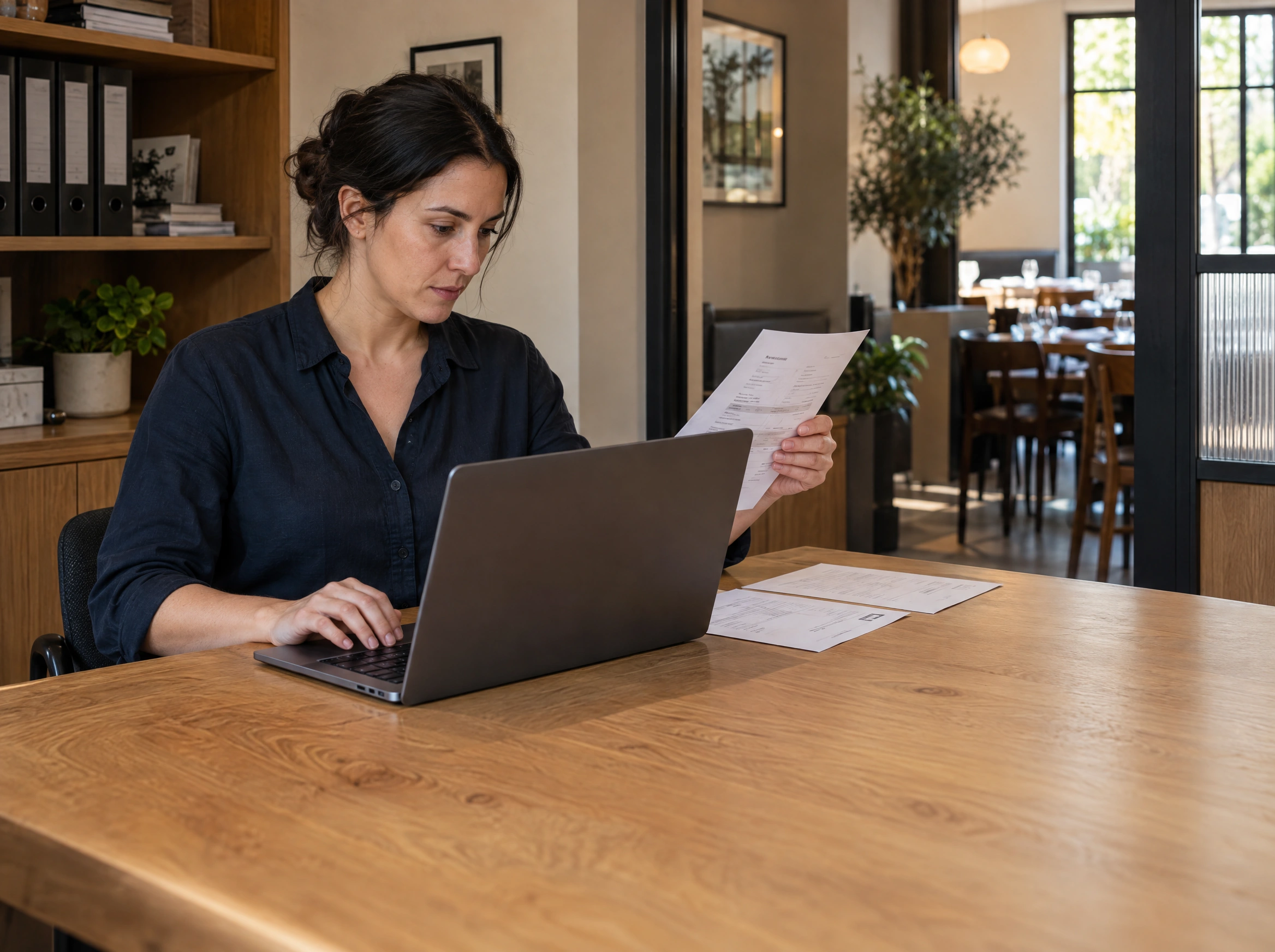 Restaurant finance manager checking a supplier invoice against her records