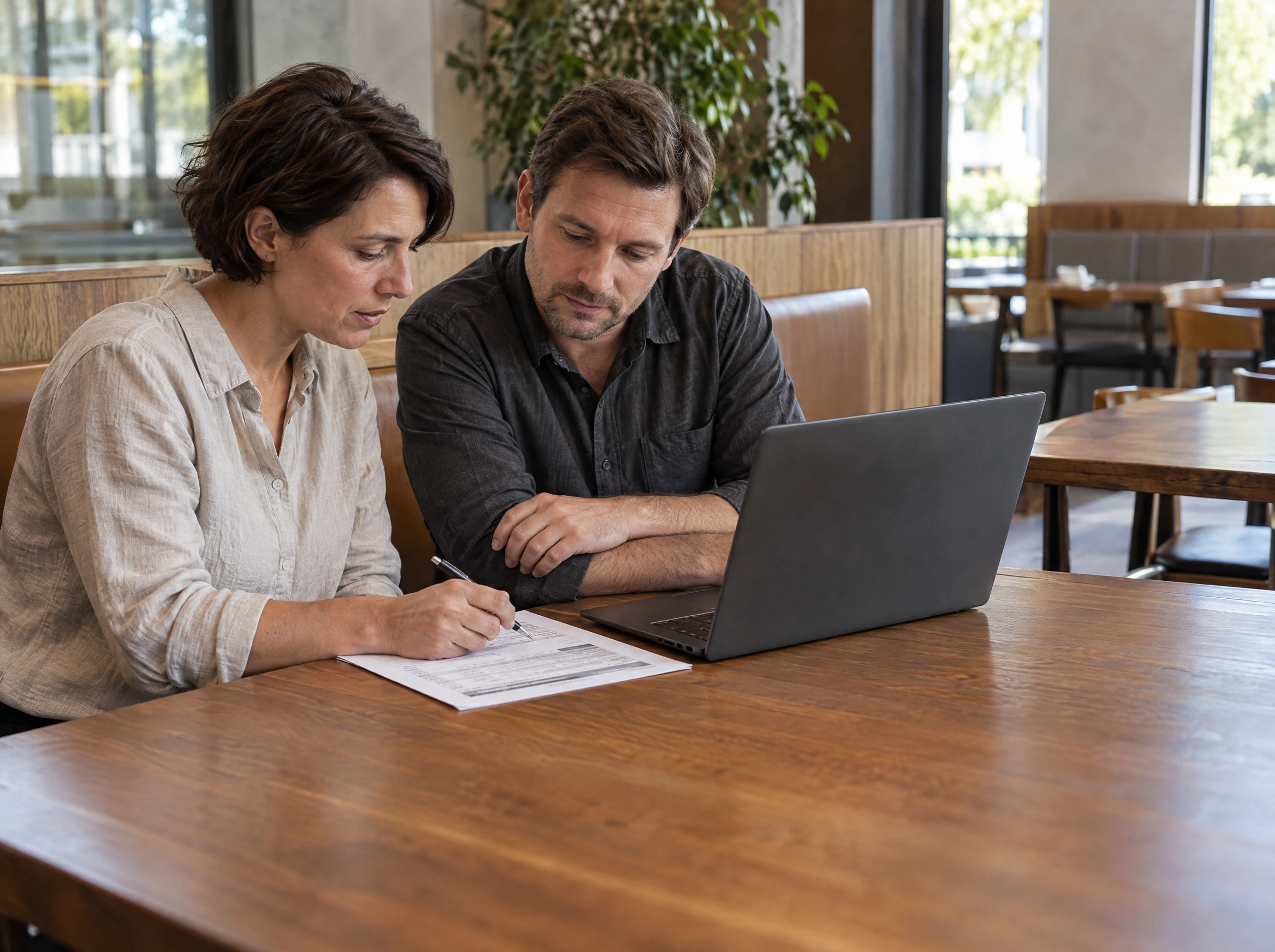 Restaurant owner and accountant reviewing a company reporting period together