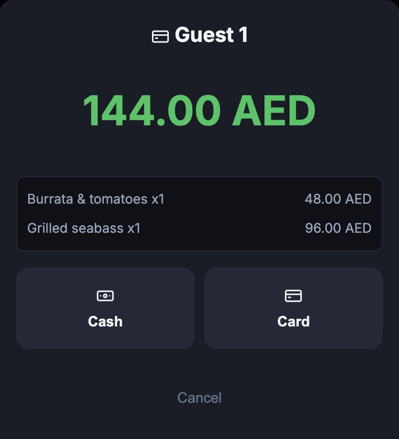 Guest 1 payment for the Table 12 burrata and seabass: AED 144