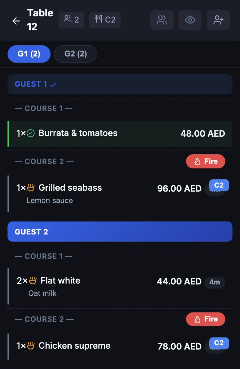 Waiter order for Table 12 with dishes grouped by guest and course, preparation status and lemon sauce request