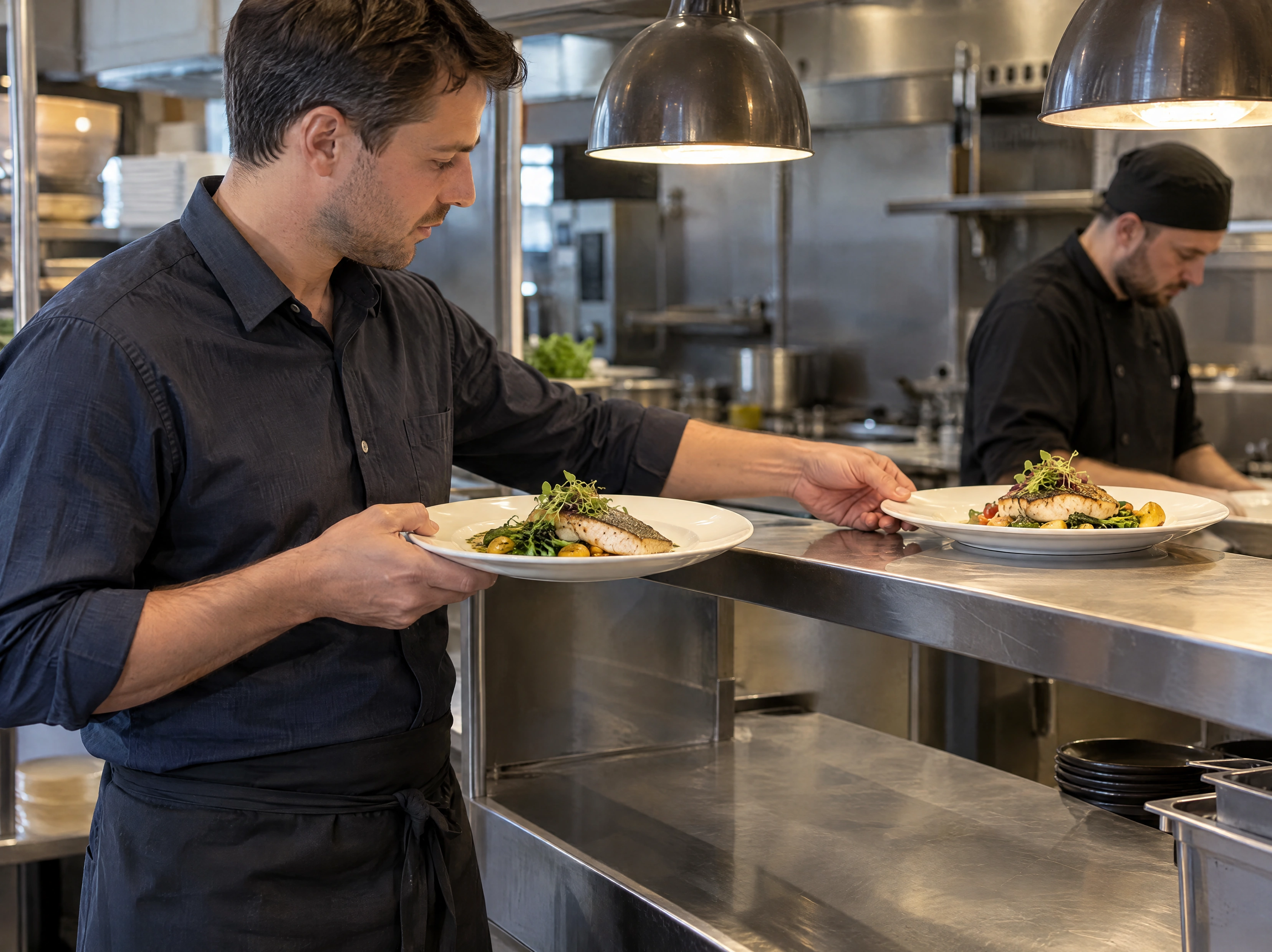 A waiter collects freshly prepared mains from the kitchen pass