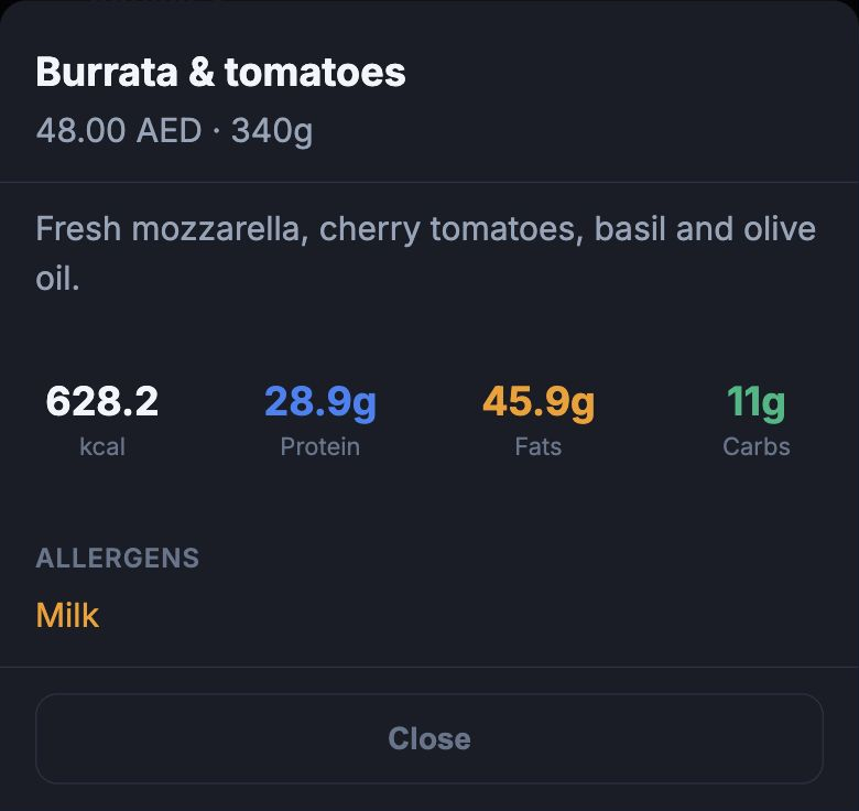 Burrata and tomatoes dish information in Waiter App, including portion size, nutrition and milk allergen