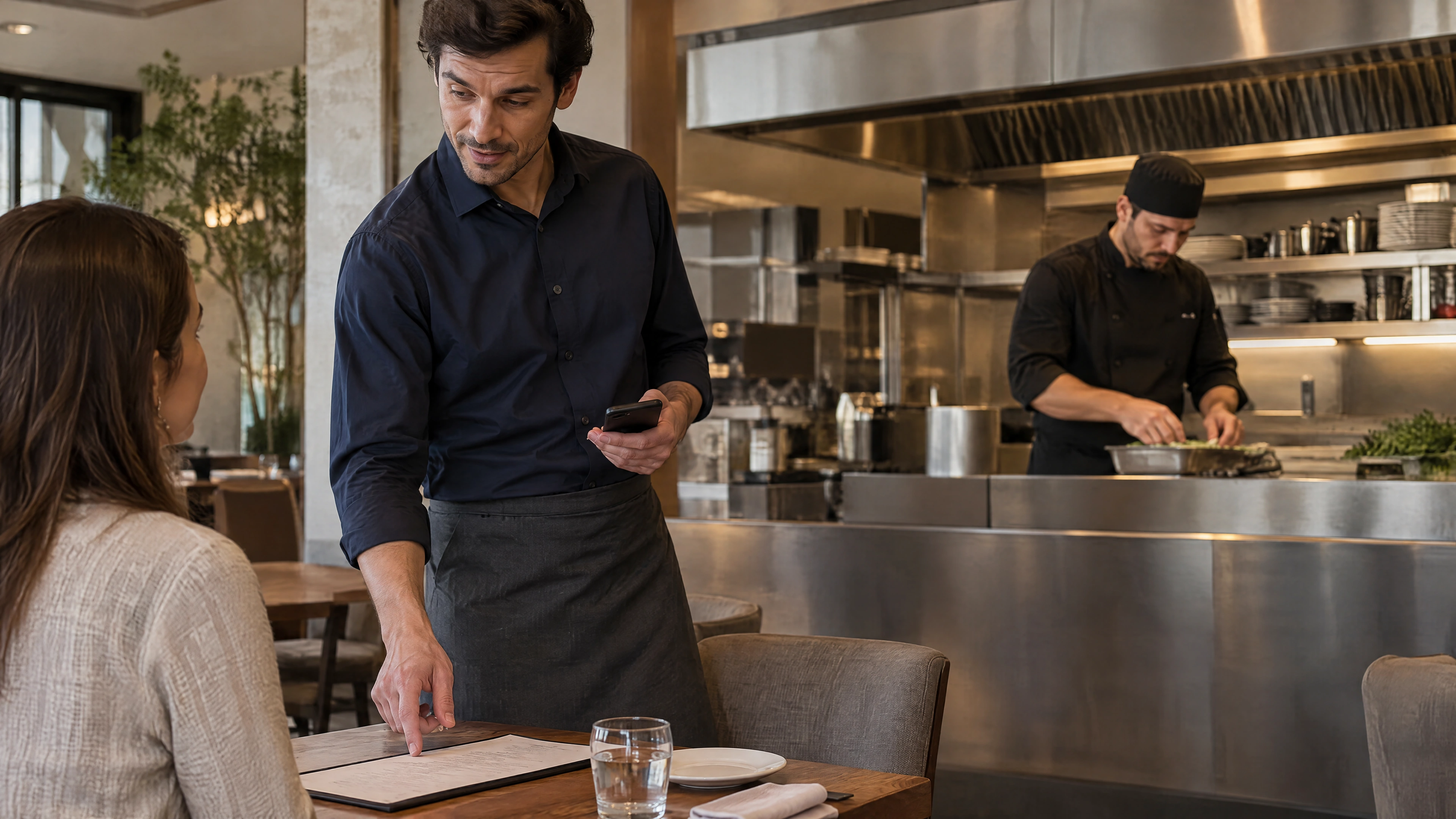 A waiter stays in conversation with a guest while a chef works in the restaurant’s open kitchen