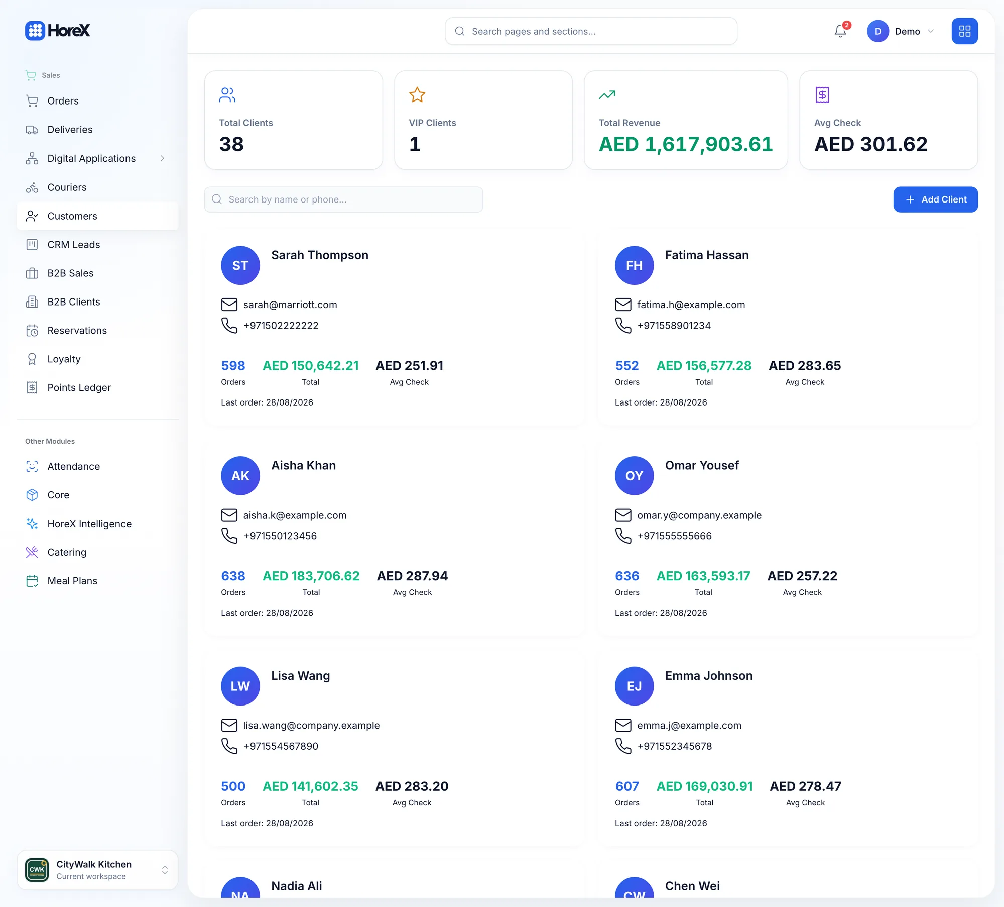 HoreX guest CRM with total clients, VIP clients, revenue and average check
