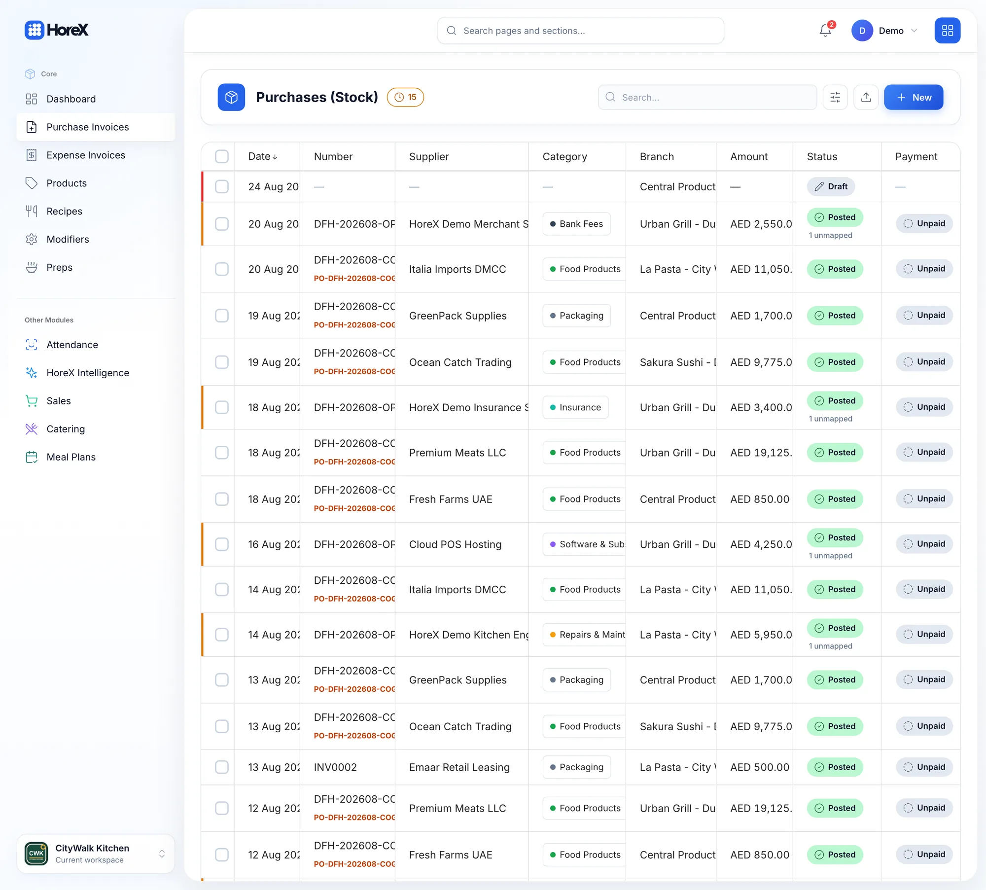 HoreX purchase invoices list with supplier, category, branch, amount and status